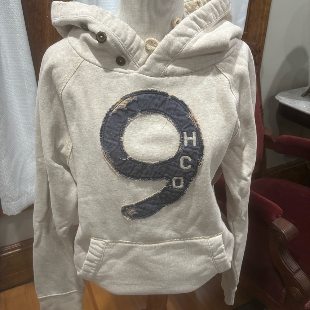 Hollister Graphic Sweatshirt Men’s XL Hoodie pockets beige in color